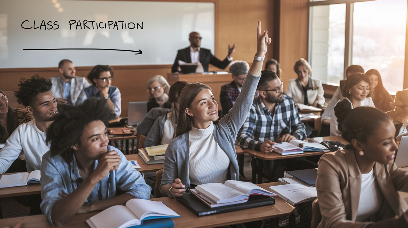 Create a realistic image of a diverse law school classroom with students actively participating, a young white female student confidently raising her hand to answer a question, professor at the front gesturing encouragingly, open textbooks and laptops visible, warm lighting, engaged expressions on faces, and a whiteboard with "Class Participation" written on it.