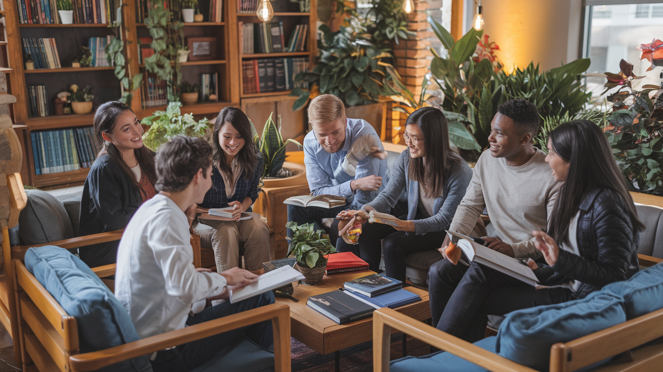 Create a realistic image of a diverse group of law students, including white, black, and Asian males and females, sitting together in a cozy study room with textbooks and laptops, collaborating and supporting each other, with warm lighting and a friendly atmosphere, symbolizing a strong support network in law school.