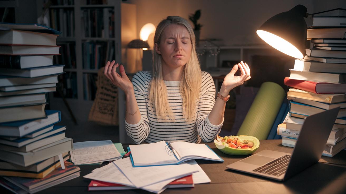 Create a realistic image of a stressed-looking white female law student sitting at a cluttered desk in a dimly lit room, surrounded by stacks of law books and papers. She's taking a deep breath with her eyes closed, practicing mindfulness. A yoga mat is visible in the background, and a half-eaten healthy meal sits beside her laptop. Soft, warm lighting from a desk lamp creates a calming atmosphere.