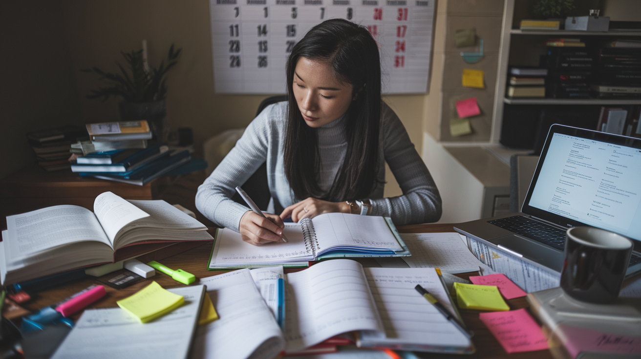 Create a realistic image of a focused Asian female law student sitting at a cluttered desk in a dimly lit room, surrounded by open textbooks, highlighters, and sticky notes. She's writing in a planner, with a wall calendar marked with exam dates visible in the background. A half-empty coffee mug and a laptop displaying study materials are on the desk.