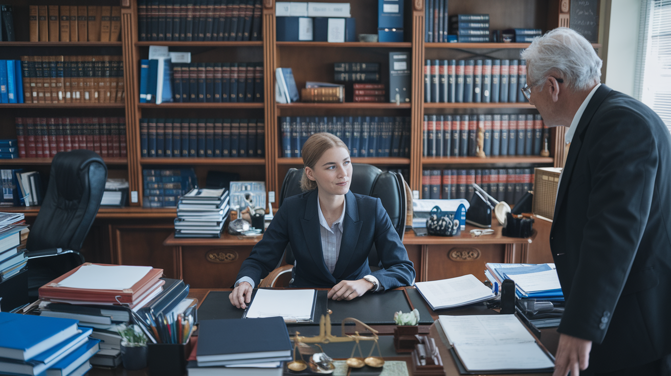 Create a realistic image of a young white female law student in a professional suit interning at a law firm, sitting at a desk with legal documents and a laptop, surrounded by bookshelves filled with law books, with a senior lawyer standing nearby offering guidance, creating a busy and productive atmosphere in a well-lit office setting.