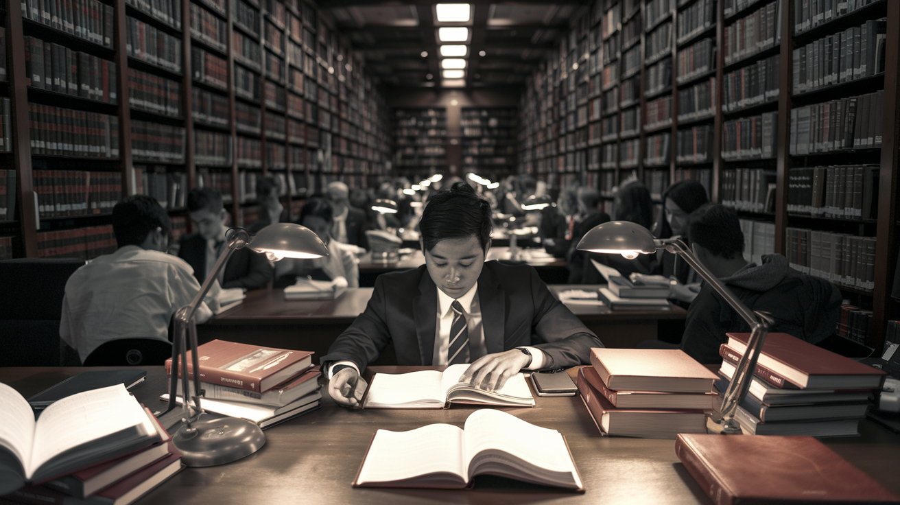 Create a realistic image of a dimly lit law library with rows of towering bookshelves, a Filipino male student in his early 20s sitting at a wooden desk surrounded by open law books, legal pads, and a laptop, his face illuminated by a desk lamp, showing intense concentration as he studies, with other students visible in the background also engrossed in their work.