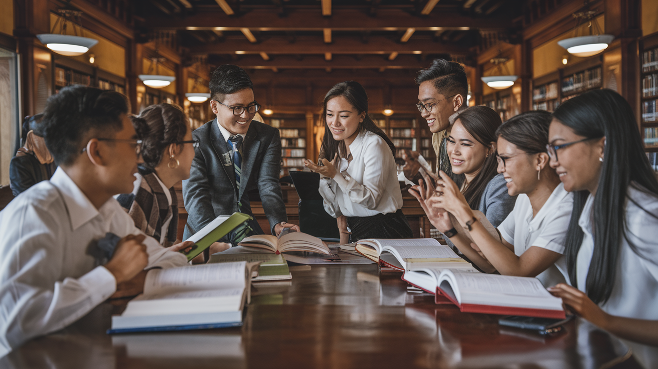 Create a realistic image of a diverse group of young Filipino law students, both male and female, gathered around a large wooden table in a traditional library setting, engaged in animated discussion, with open law books and laptops visible, warm lighting emphasizing their focused expressions and gestures of collaboration.