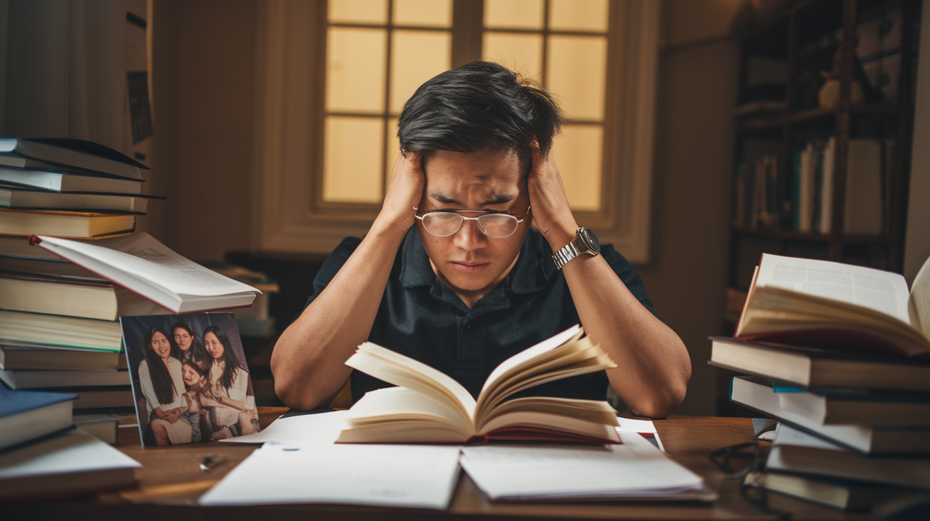 Create a realistic image of a stressed Filipino male law student in his mid-20s sitting at a cluttered desk in a dimly lit room, surrounded by open law books and papers, while looking at a photo of his family on the desk, symbolizing the struggle to balance personal life and academic responsibilities.