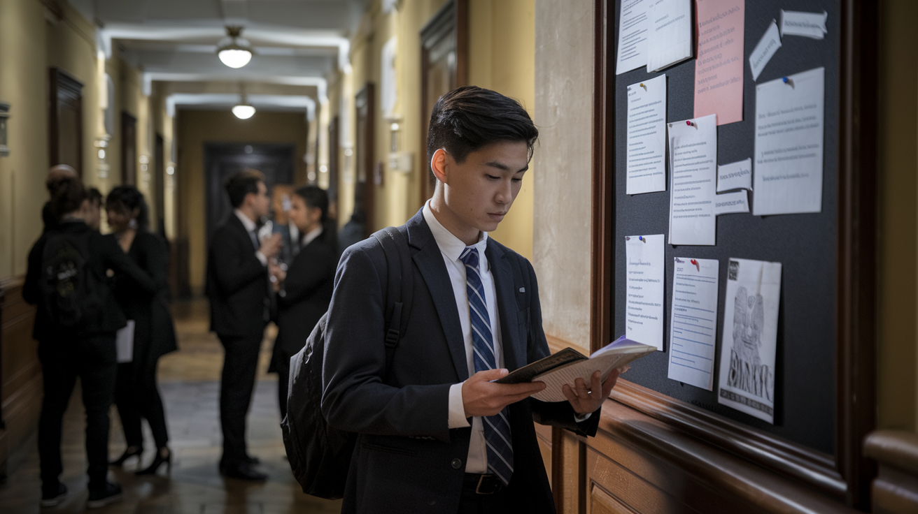Create a realistic image of a Filipino male law student in his early 20s, standing in a dimly lit corridor of an old, prestigious law school building, looking slightly overwhelmed as he reads a bulletin board filled with unwritten rules and insider tips, with other students in the background engaged in hushed conversations, emphasizing the sense of a hidden curriculum and insider knowledge.