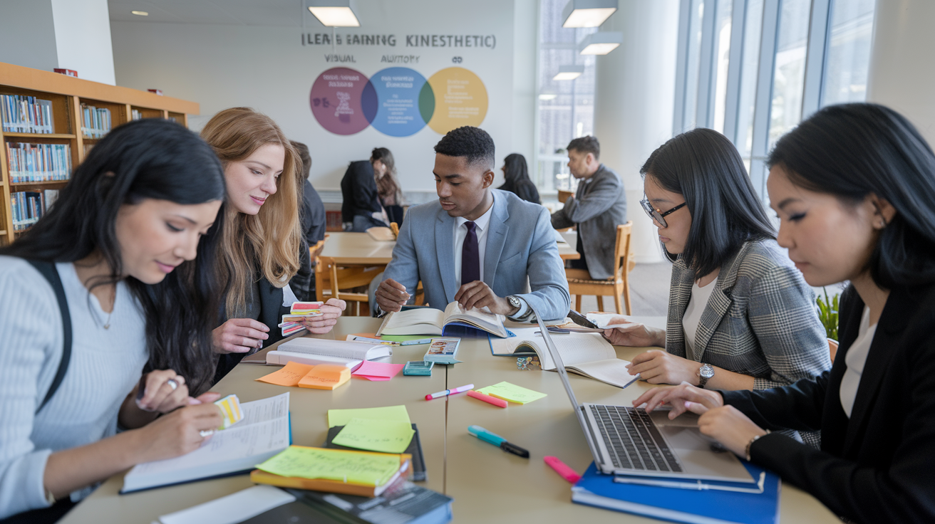 Create a realistic image of a diverse group of law students studying together in a bright, modern library. A white female student is using flashcards, a black male student is reading a textbook, and an Asian female student is taking notes on a laptop. Various study materials, including highlighters, sticky notes, and law books, are scattered on the table. A wall chart displaying different learning styles (visual, auditory, kinesthetic) is visible in the background.