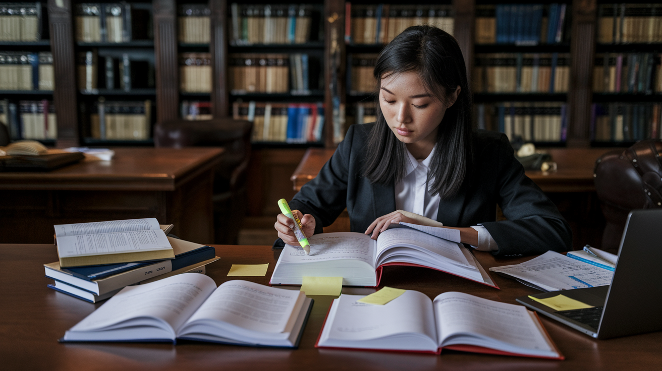 Create a realistic image of a young Asian female law student sitting at a wooden desk in a dimly lit library, actively engaged in reading a thick law textbook. She's using a highlighter and taking notes on a legal pad, with sticky notes marking important pages. Multiple open reference books and a laptop are visible on the desk. The student appears focused and determined, emphasizing efficient study techniques.