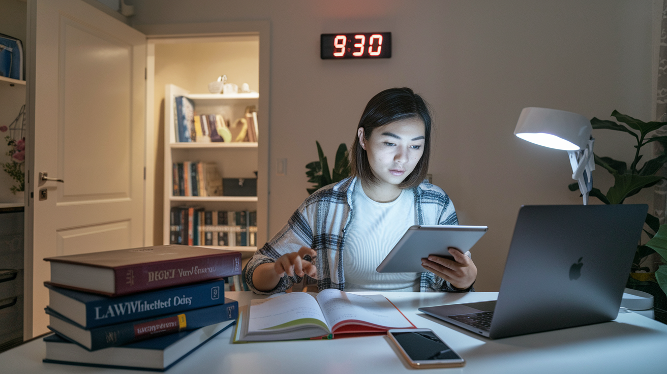 Create a realistic image of a young Asian female law student sitting at a desk in a well-lit home office, using a laptop and tablet simultaneously. Multiple law textbooks and a smartphone are visible on the desk. The student wears casual clothing and appears focused. A digital clock on the wall shows 9:30 PM. The overall scene conveys a sense of efficient, technology-enhanced studying.