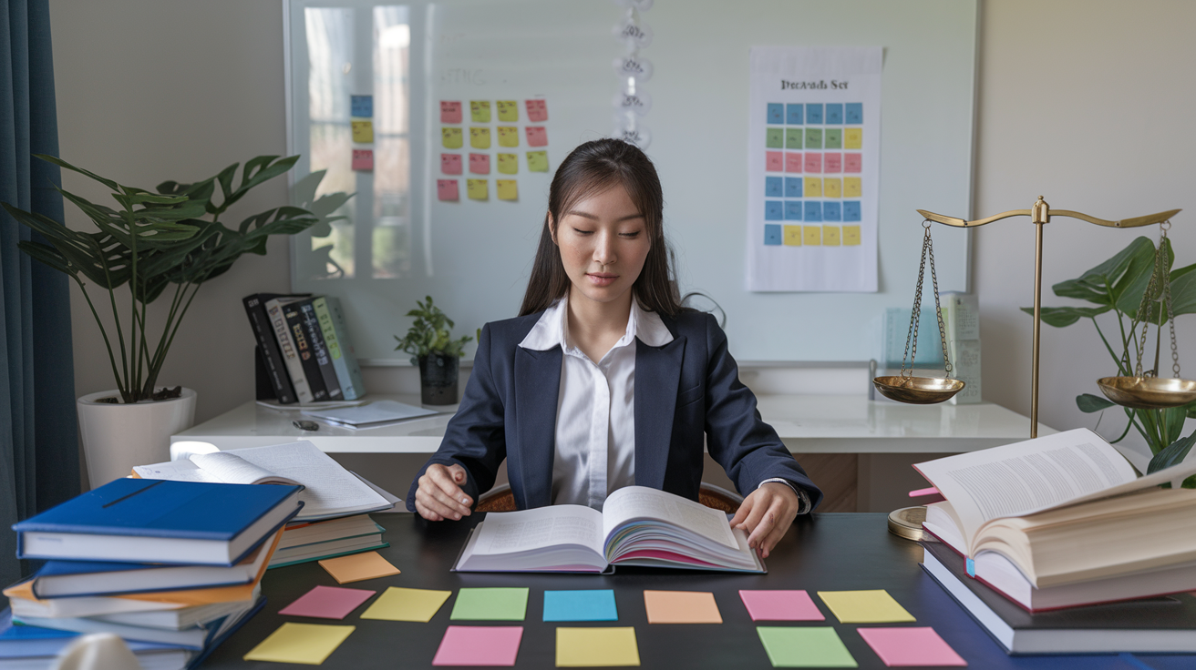 Create a realistic image of a young Asian female law student sitting at a desk in a well-lit study room, surrounded by open law books and colorful sticky notes. She's using flashcards and a mnemonic device chart visible on a whiteboard behind her, illustrating effective memorization techniques. The scene conveys a focused and organized study environment.
