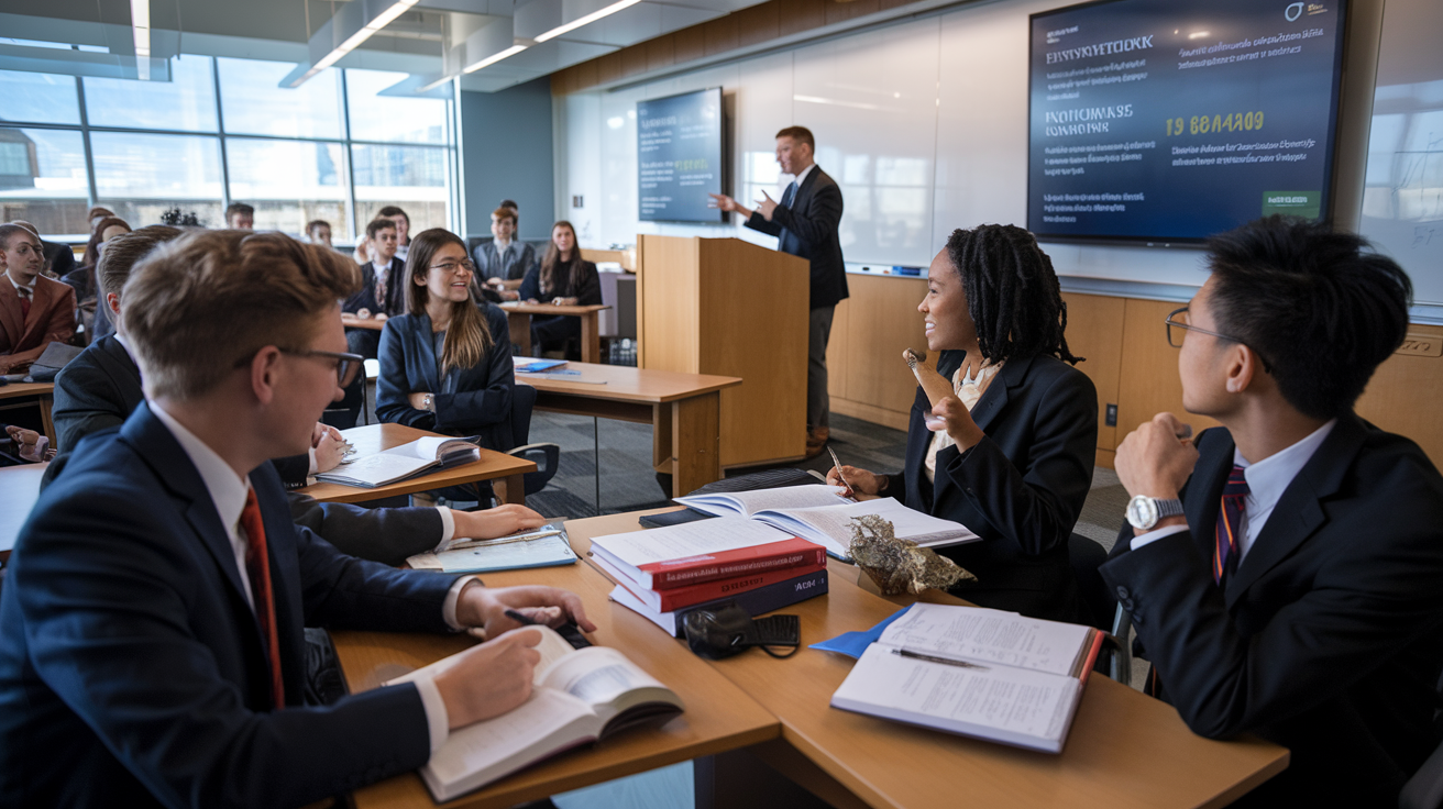 Create a realistic image of a diverse group of law students engaged in a lively debate, with a white male student at a podium presenting an argument while others, including a black female and an Asian male, listen attentively and take notes, set in a modern classroom with legal textbooks and a whiteboard displaying complex legal concepts, highlighting critical thinking in action.