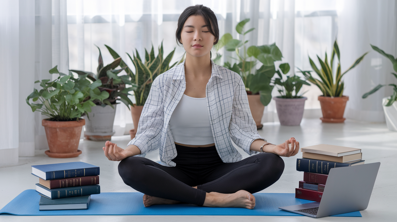Create a realistic image of a young Asian female law student sitting cross-legged on a yoga mat in a bright, airy room with law books and a laptop nearby, practicing meditation with her eyes closed and a serene expression, emphasizing the balance between academic pursuits and personal well-being.