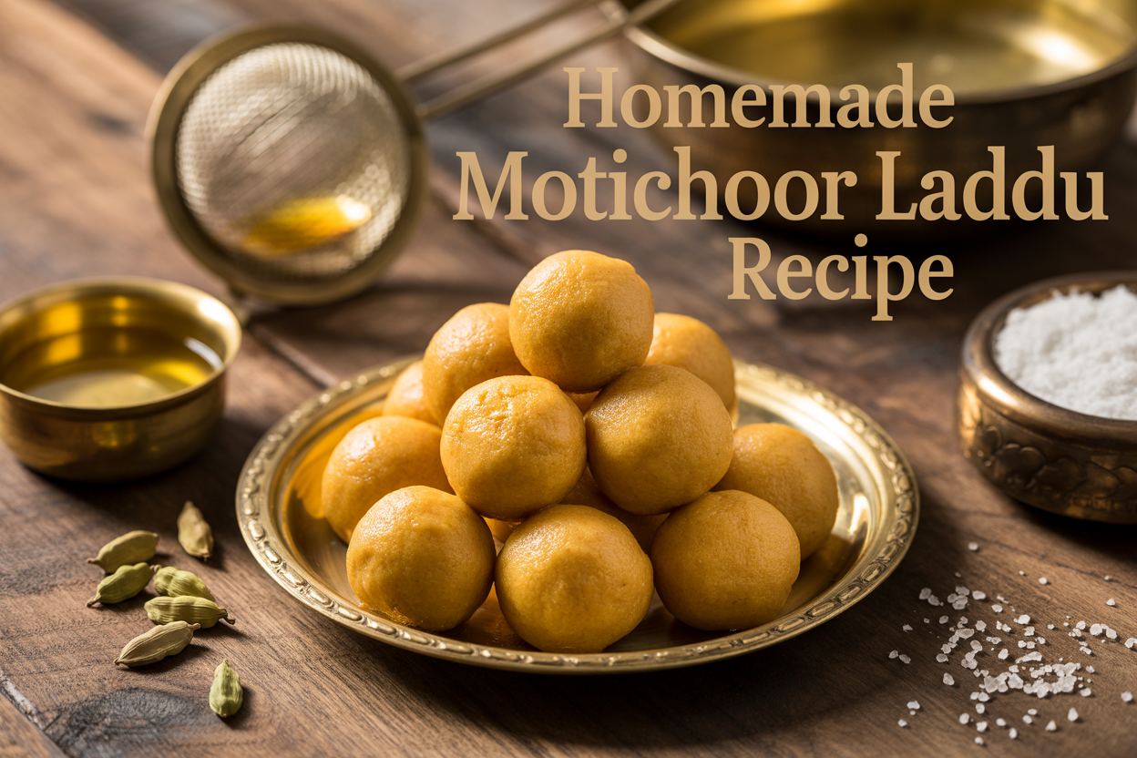 Create a realistic image of golden yellow motichoor laddu balls arranged on a traditional brass plate, surrounded by key ingredients including fine chickpea flour, cardamom pods, ghee in a small bowl, and sugar crystals, with cooking equipment like a fine-mesh strainer and ladle visible in the background, set on a rustic wooden kitchen counter with warm natural lighting, and overlay text reading "Homemade Motichoor Laddu Recipe" in elegant golden font.