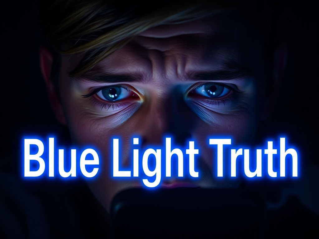 Create a realistic image of a person's eyes illuminated by blue light from a smartphone or computer screen in a dark room, with visible eye strain and fatigue, and the text "Blue Light Truth" overlaid in a glowing blue font.