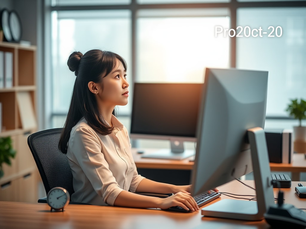 Create a realistic image of a young Asian female office worker sitting at a desk with a computer monitor, looking away from the screen and focusing on a distant object, demonstrating the 20-20-20 rule. The workspace should have proper lighting, an ergonomic chair, and an anti-glare screen. Include a small clock on the desk showing 20 minutes. Add text overlay "Protect Your Eyes" in a corner.