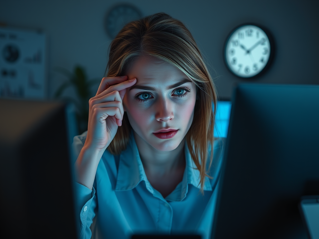 Create a realistic image of a young white female office worker squinting at a computer screen in a dimly lit room, with visible eye strain symptoms like redness and rubbing her eyes, surrounded by digital devices emitting blue light, with a clock showing late hours to indicate prolonged screen time.