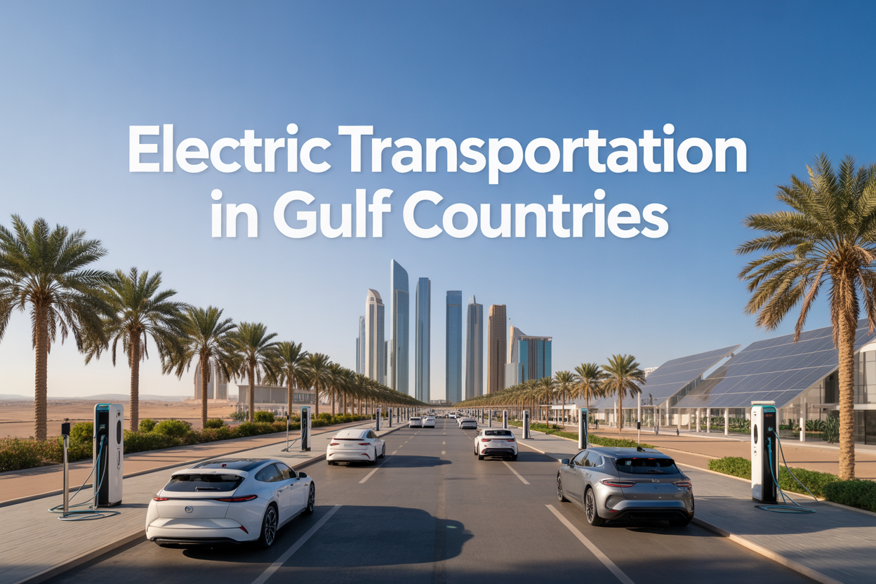 Create a realistic image of a modern Middle Eastern cityscape with futuristic glass skyscrapers under bright blue sky, featuring multiple electric vehicles including white and silver EVs driving on clean wide roads, electric charging stations with sleek designs positioned along palm tree-lined streets, solar panels visible on building rooftops, and subtle desert landscape in the background, with the text "Electric Transportation In Gulf Countries" displayed prominently in modern sans-serif font across the upper portion of the image, conveying innovation and sustainability with warm golden lighting typical of Gulf region sunshine.