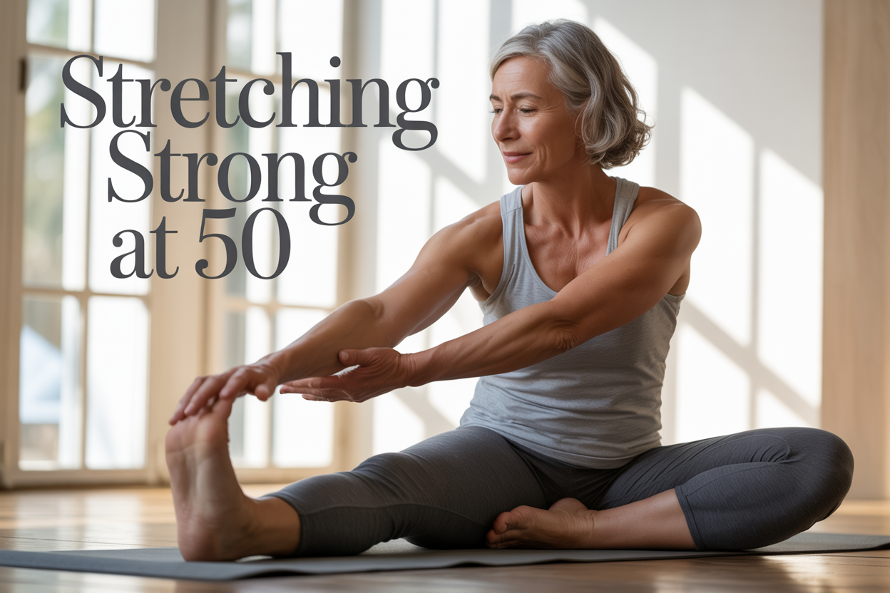 Create a realistic image of a fit white female in her 50s with grey-streaked hair performing a gentle stretching pose on a yoga mat in a bright, airy indoor space with natural lighting from large windows, wearing comfortable athletic wear, with soft shadows and a calm, peaceful atmosphere, including the text "Stretching Strong at 50" overlaid in elegant, readable font in the upper portion of the image.