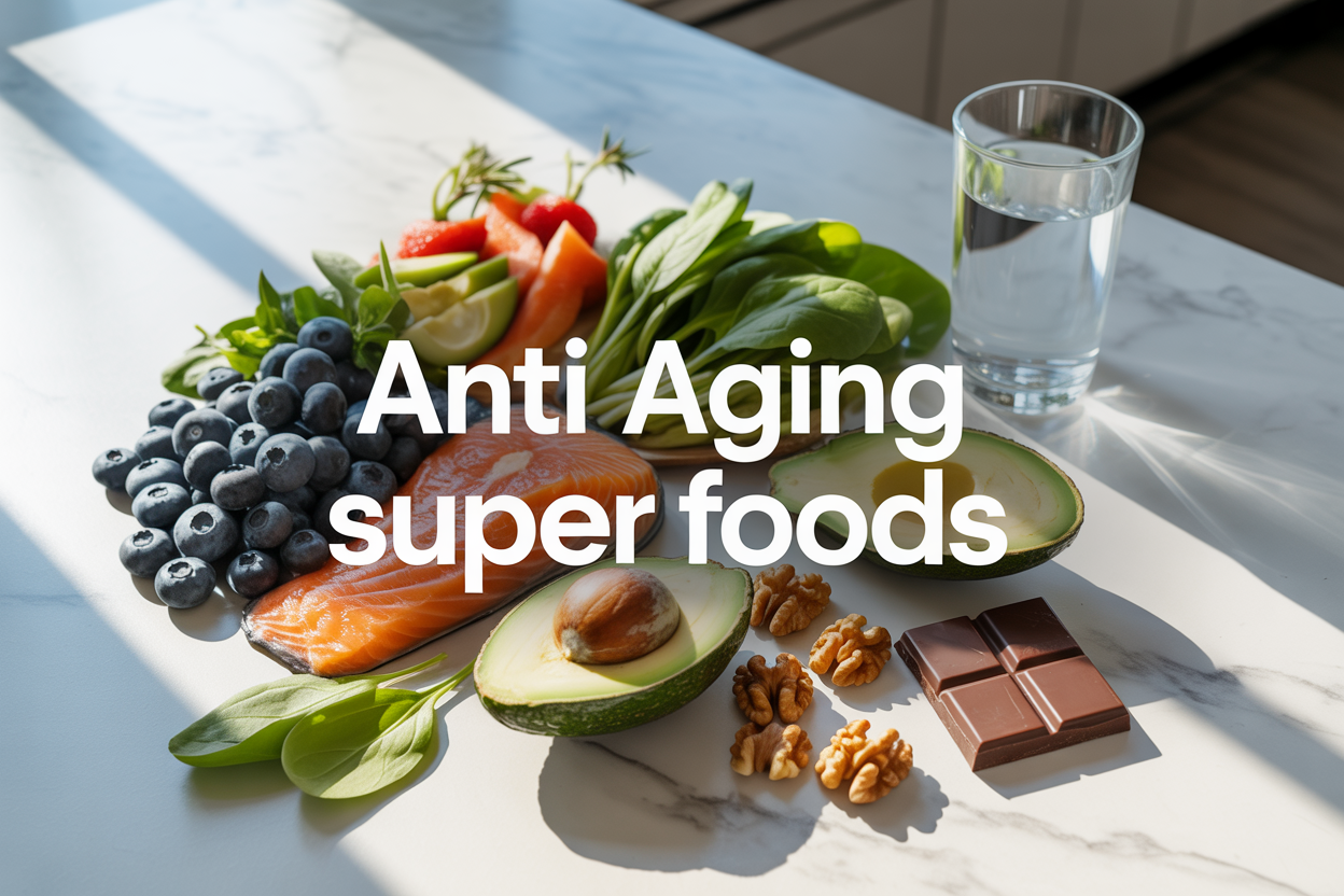 Create a realistic image of a vibrant arrangement of colorful anti-aging superfoods including fresh blueberries, salmon fillet, avocado halves, leafy spinach, walnuts, dark chocolate pieces, and a glass of water, beautifully displayed on a clean white marble countertop with natural sunlight streaming from the left side, creating a fresh and healthy atmosphere, with elegant text overlay reading "Anti Aging Super Foods" in modern sans-serif font.