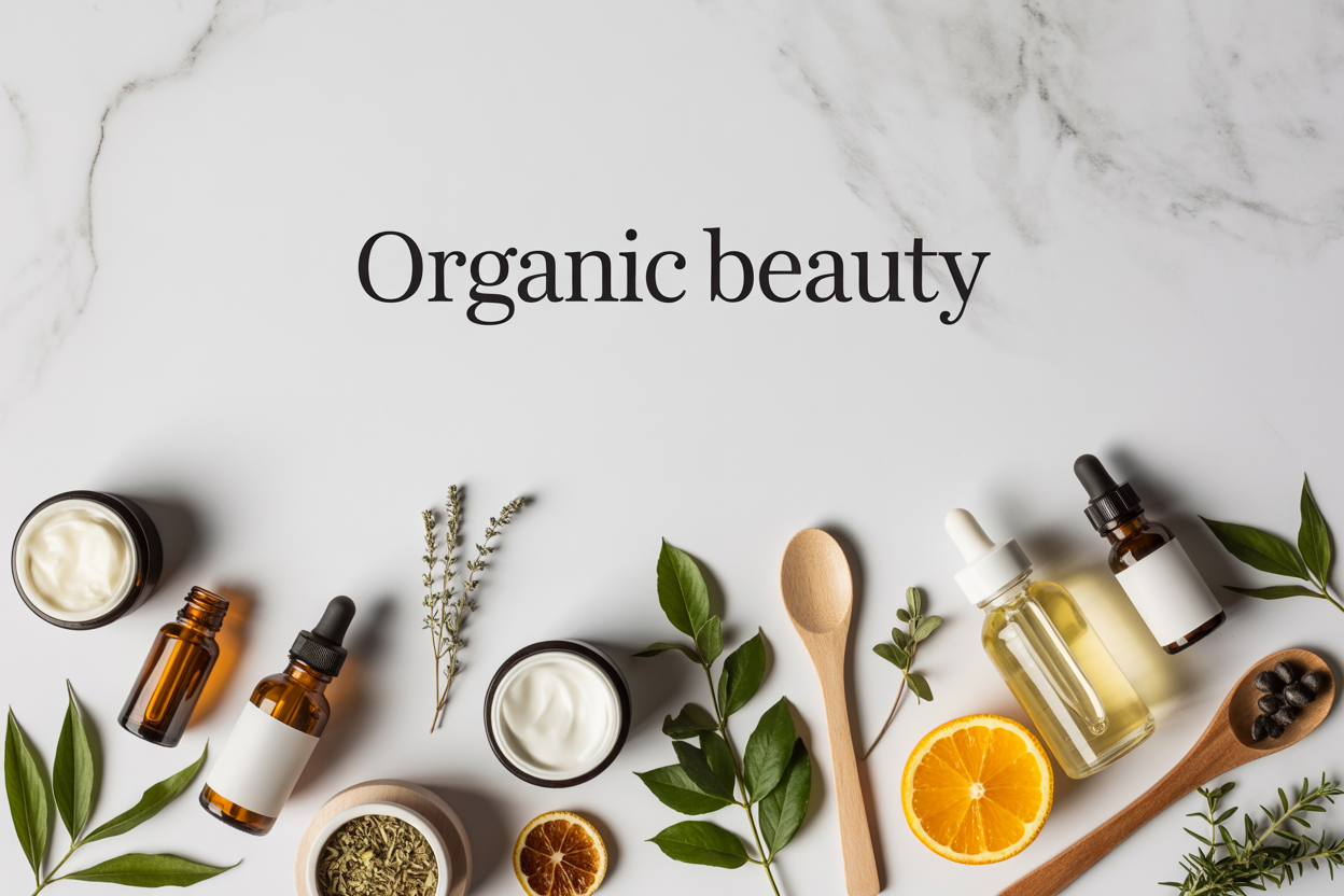Create a realistic image of a clean, minimalist flat lay arrangement featuring organic skincare products including glass dropper bottles with natural oils, small jars of cream, fresh green leaves, dried herbs, sliced citrus fruits, and wooden spoons on a white marble surface with soft natural lighting from above, accompanied by the text "ORGANIC BEAUTY" in elegant serif font positioned in the upper portion of the image.