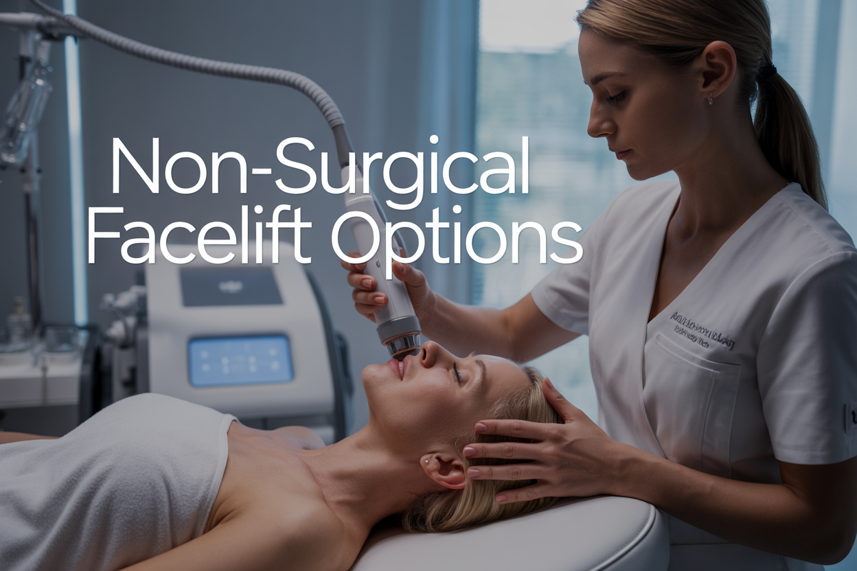 Create a realistic image of a professional medical spa treatment room with a white female patient in her 40s lying on a treatment table while a white female practitioner in medical scrubs performs a non-invasive facial treatment using a modern handheld device, with medical equipment and aesthetic technology visible in the background, soft clinical lighting creating a clean and professional atmosphere, and the text "Non-Surgical Facelift Options" elegantly displayed in modern sans-serif font in the upper portion of the image.