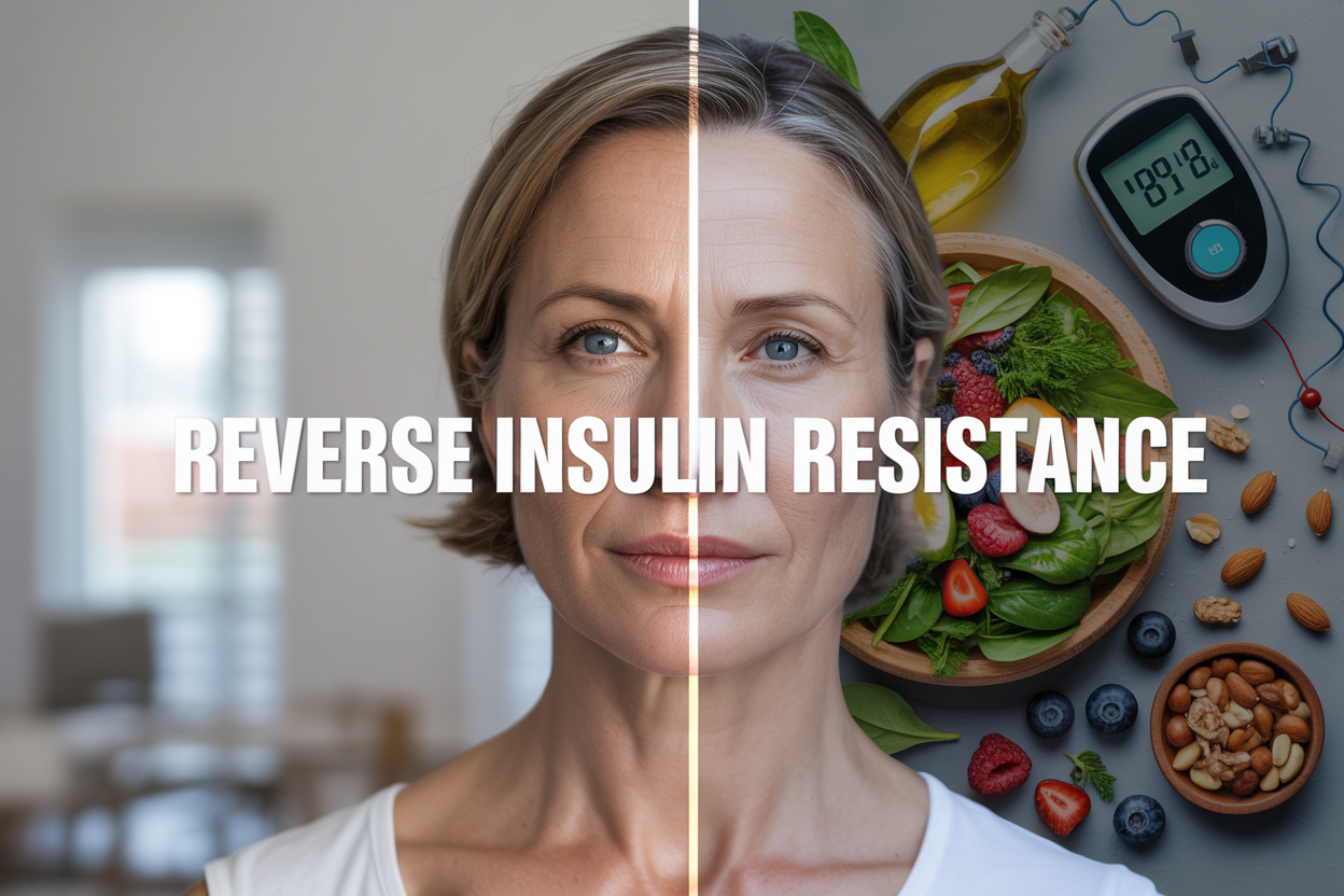 Create a realistic image of a split-screen comparison showing a white female in her 40s on the left side looking tired with dull skin and visible aging signs, and the same woman on the right side looking vibrant with glowing skin and youthful appearance, with healthy foods like leafy greens, berries, and nuts scattered around the right side, a subtle glucose meter and insulin molecule graphics in the background, soft natural lighting creating a hopeful atmosphere, and the text "REVERSE INSULIN RESISTANCE" prominently displayed across the center of the image in bold white letters with a subtle shadow effect.