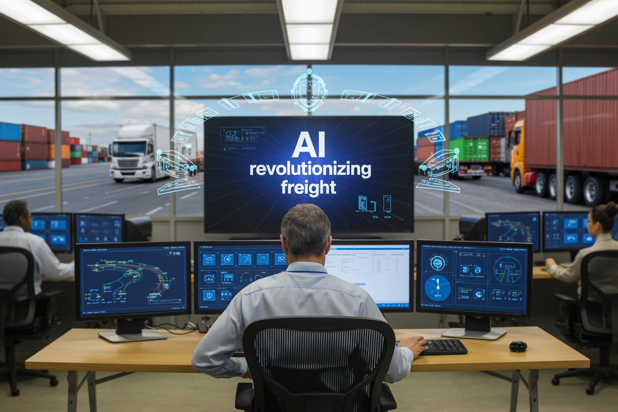 Create a realistic image of a modern freight forwarding control center with multiple computer monitors displaying digital logistics dashboards, route optimization maps, and real-time tracking data, featuring a diverse team of professionals including a white male logistics manager and a black female data analyst working at workstations, with shipping containers and cargo trucks visible through large windows in the background, bright fluorescent lighting creating a professional atmosphere, holographic AI interface elements floating above the screens, and the text "AI Revolutionizing Freight" prominently displayed on the main central monitor.