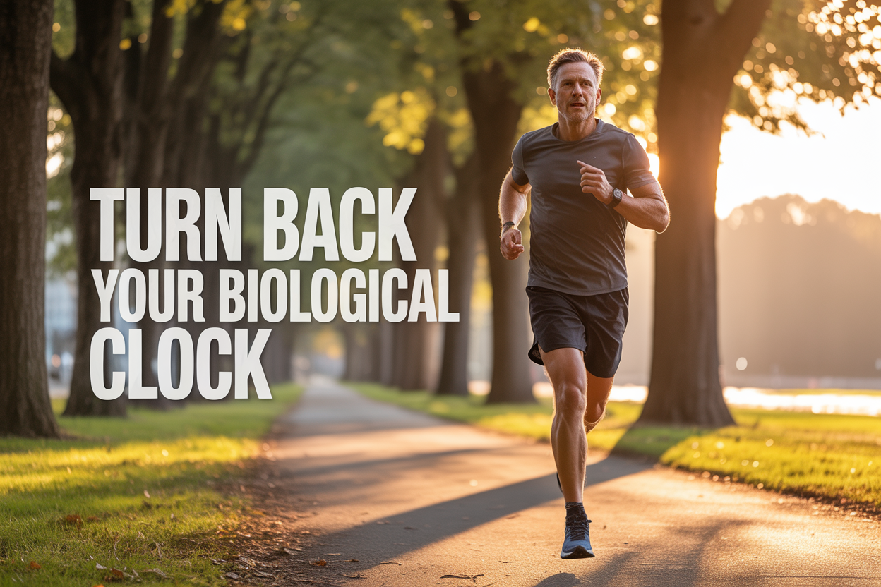 Create a realistic image of a fit middle-aged white male runner in his 40s jogging on a tree-lined path during golden hour, wearing modern athletic gear with a focused yet energetic expression, surrounded by a peaceful park setting with soft sunlight filtering through leaves, overlaid with the text "Turn Back Your Biological Clock" in bold, modern white font positioned in the upper portion of the image, conveying a sense of vitality, renewal, and healthy aging through the warm lighting and dynamic yet controlled movement.