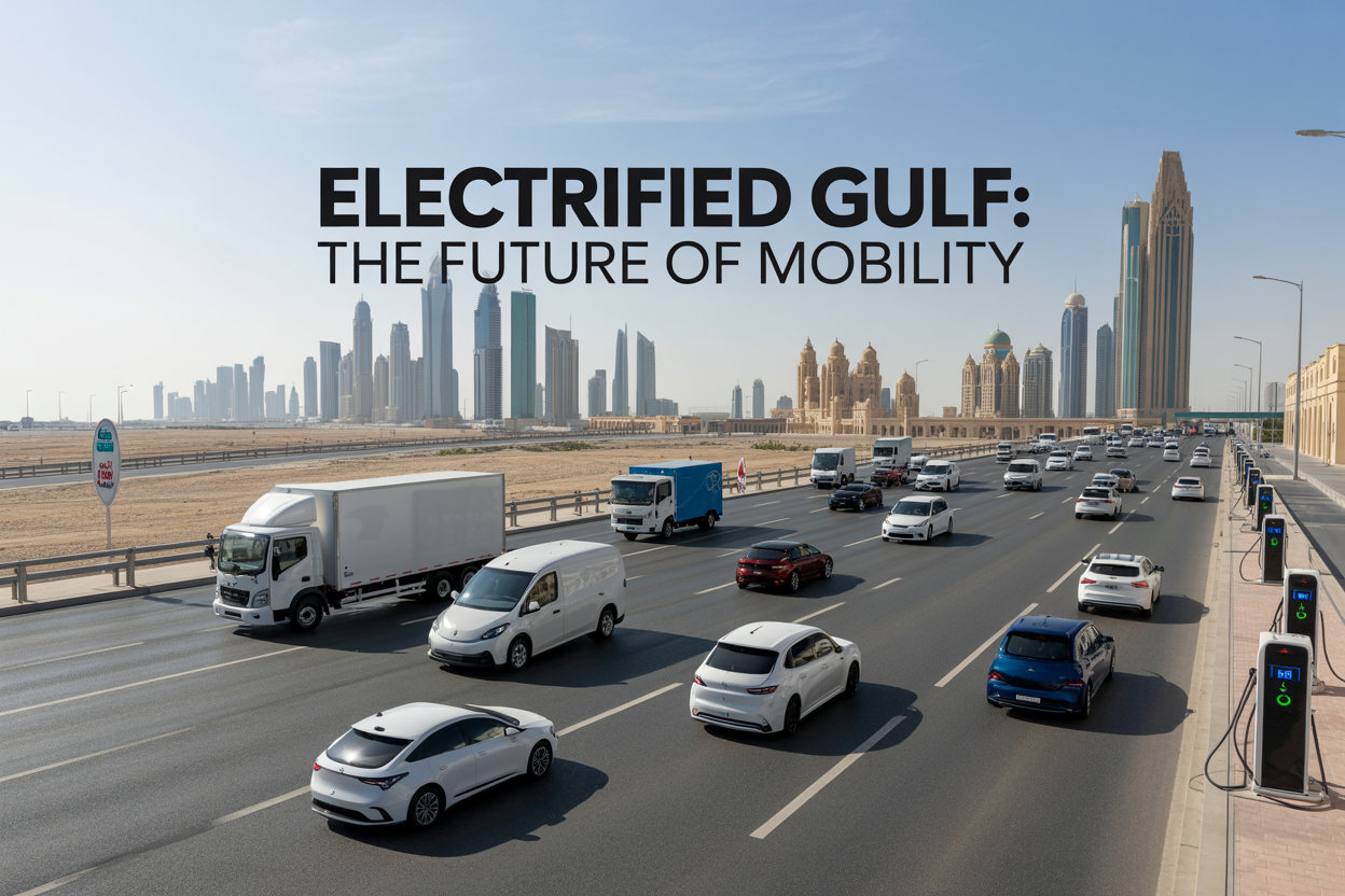 Create a realistic image of a modern Gulf cityscape featuring gleaming skyscrapers and traditional Arabic architecture in the background, with a busy multi-lane highway in the foreground showcasing a mix of electric vehicles including white and blue electric trucks, delivery vans, and passenger cars with visible charging ports and sleek designs, alongside traditional fuel vehicles to show the transportation transition, with visible electric charging stations with digital displays along the roadside, under bright daylight with clear blue skies and subtle desert landscape elements, including the text "ELECTRIFIED GULF: THE FUTURE OF MOBILITY" in bold modern font overlaid on the upper portion of the image.