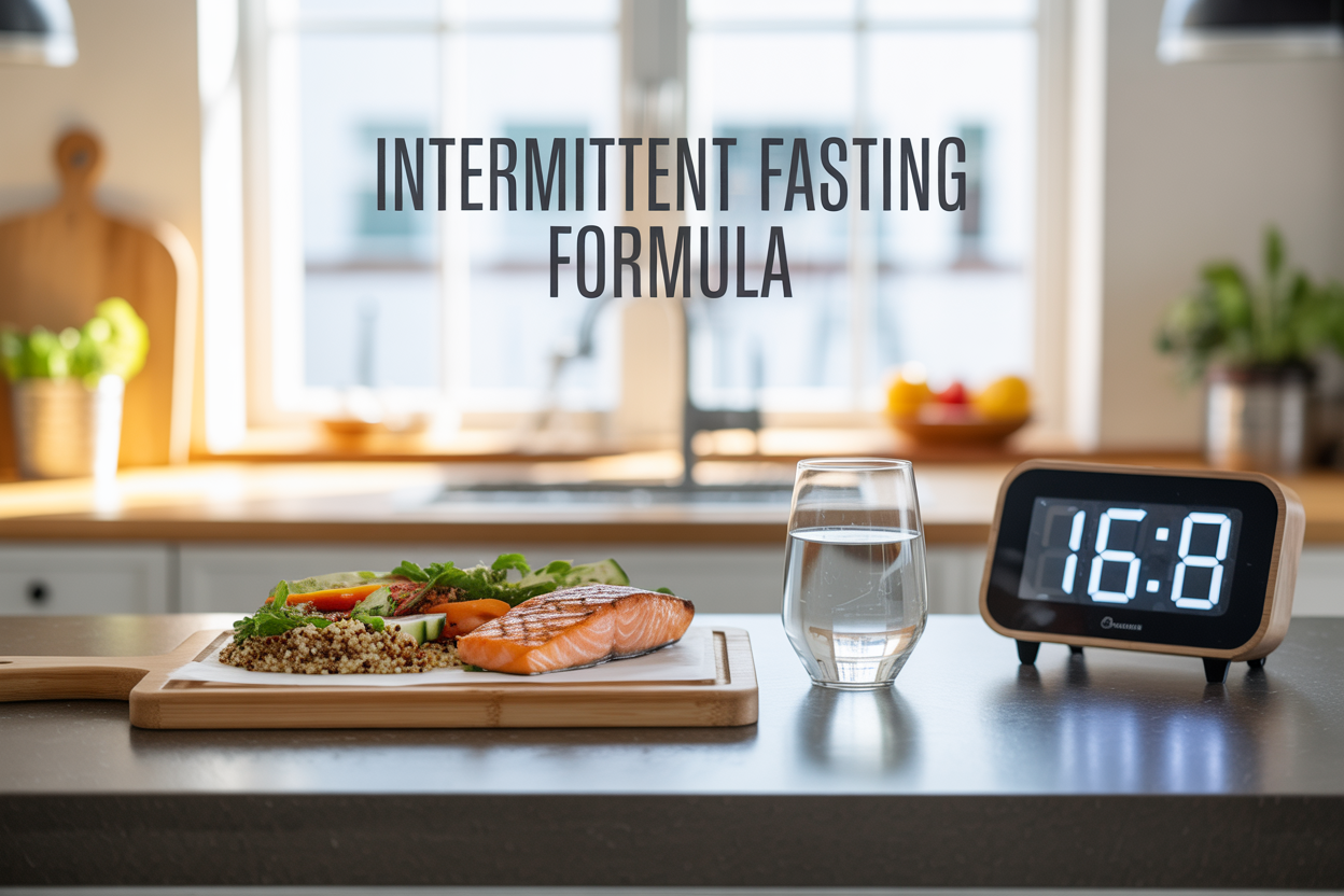 Create a realistic image of a clean, modern kitchen counter with a wooden cutting board displaying a balanced meal of grilled salmon, quinoa, and vegetables alongside a stylish digital clock showing "16:8" and an elegant glass of water, with soft natural lighting streaming through a window in the background, warm and motivational atmosphere, and the text "INTERMITTENT FASTING FORMULA" prominently displayed in modern, clean typography at the top of the image.