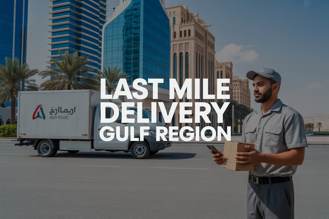 Create a realistic image of a modern delivery truck with Arabic company branding parked in front of contemporary Gulf architecture featuring glass towers and traditional Islamic design elements, with a Middle Eastern male delivery driver in uniform holding a package and smartphone, set against a backdrop of palm trees and desert landscape under bright daylight, with the text "Last Mile Delivery Gulf Region" prominently displayed in modern typography overlay.