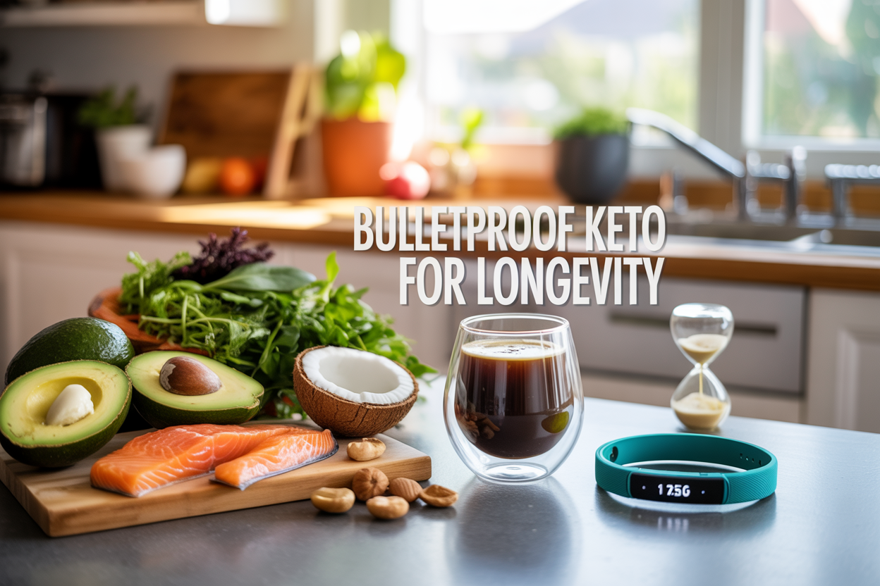 Create a realistic image of a vibrant kitchen countertop scene featuring fresh keto-friendly foods including avocados, salmon fillets, leafy greens, coconut oil, and nuts arranged artistically around a modern glass of bulletproof coffee with visible butter foam, alongside a sleek fitness tracker and a small hourglass symbol, with warm natural lighting streaming through a window in the background, and overlay text reading "Bulletproof Keto for Longevity" in elegant modern font.