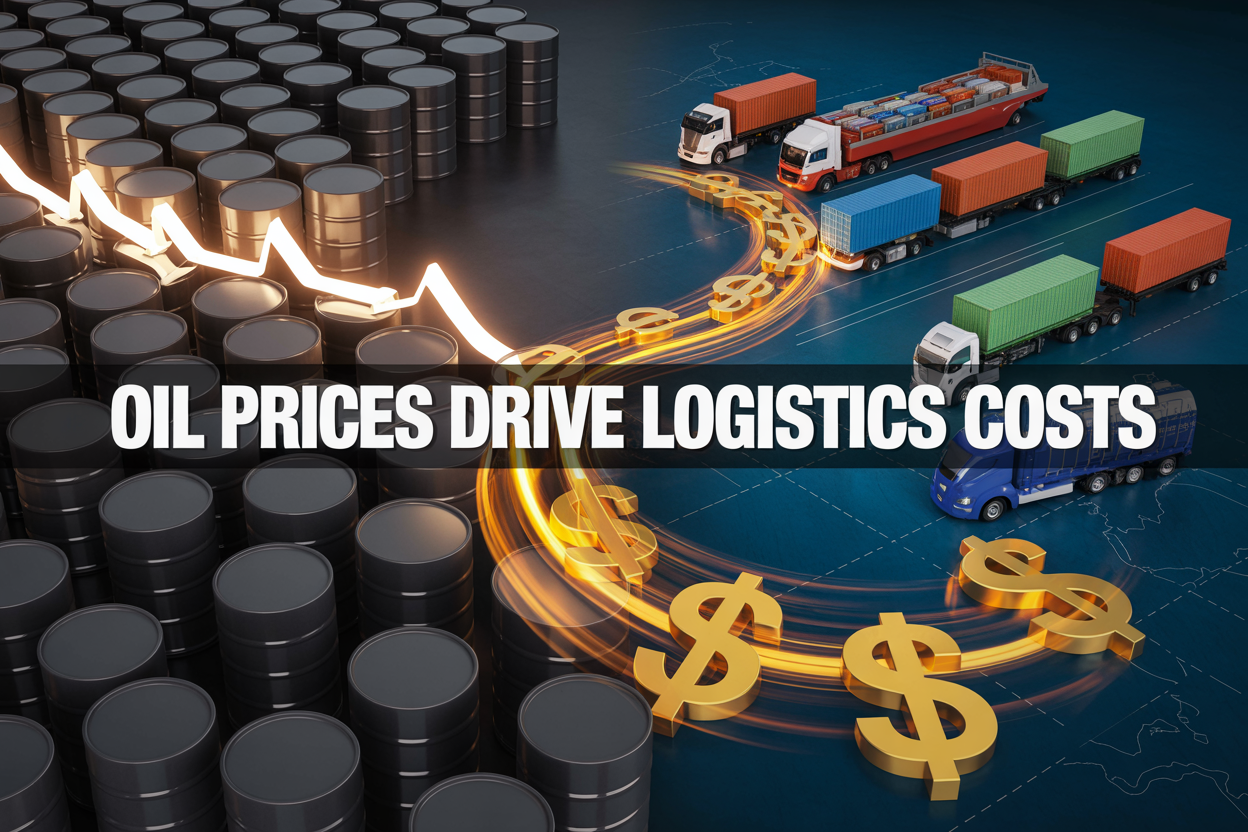 Create a realistic image of a split-screen composition showing crude oil barrels on the left side with upward trending price arrows, and various transport vehicles (cargo trucks, container ships, freight trains) on the right side with fuel gauges and cost indicators, connected by flowing golden oil streams that transform into dollar signs, set against a dark blue background with subtle global map outlines, dramatic lighting highlighting the oil barrels and vehicles, with the text "Oil Prices Drive Logistics Costs" prominently displayed across the center in bold white letters.