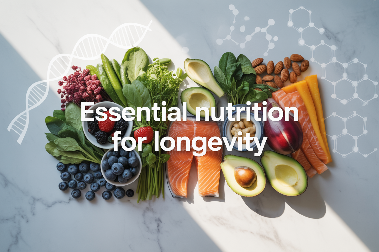 Create a realistic image of a vibrant, colorful array of anti-aging superfoods including fresh blueberries, leafy greens, salmon, avocados, nuts, and colorful vegetables artfully arranged on a clean white marble surface, with soft natural lighting from above creating gentle shadows, accompanied by subtle scientific elements like DNA helix illustrations or molecular structures in the background, and the text "Essential Nutrition For Longevity" elegantly overlaid in modern sans-serif font, conveying a sense of health, vitality, and scientific precision in a bright, optimistic atmosphere.