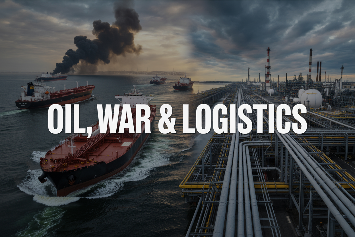 Create a realistic image of a split-screen composition showing oil tanker ships navigating through dark, turbulent waters on the left side with smoke plumes in the distant background suggesting conflict, and on the right side showing a modern oil refinery with complex pipeline infrastructure under dramatic stormy skies, with the text "OIL, WAR & LOGISTICS" prominently displayed in bold white letters across the center of the image, using a dark, tense mood with dramatic lighting that emphasizes the critical nature of global oil supply chains during times of conflict.