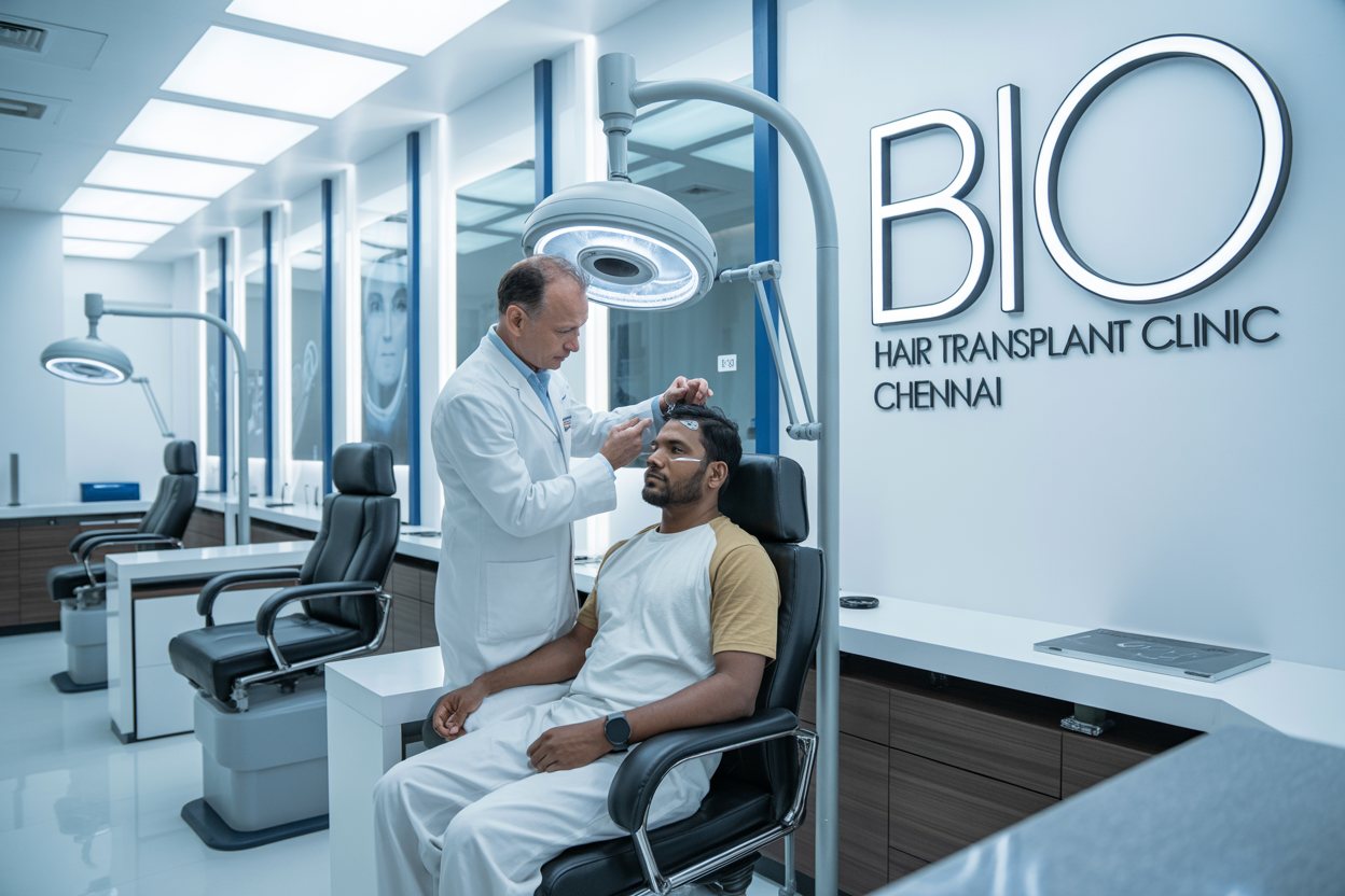 Create a realistic image of a modern, luxurious hair transplant clinic interior in Chennai with a white male doctor in a white coat examining a South Asian male patient's scalp using advanced medical equipment, featuring sleek medical chairs, state-of-the-art hair analysis technology, bright clinical lighting, clean white and blue color scheme, with the text "Bio Hair Transplant Clinic Chennai" prominently displayed on a modern wall sign, conveying professionalism and advanced medical care in a welcoming atmosphere.