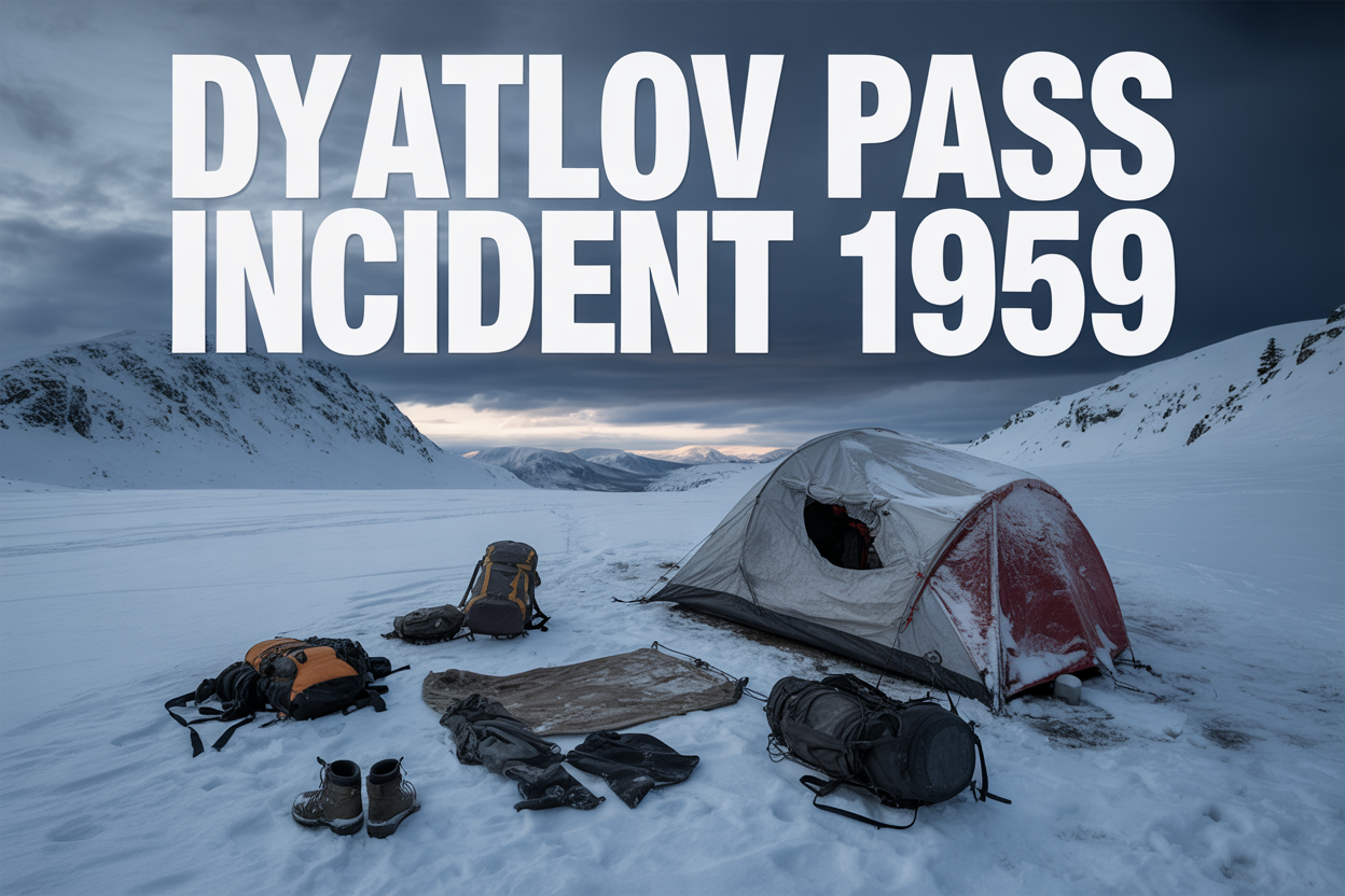 Create a realistic image of a snow-covered mountain pass in the Ural Mountains during winter with abandoned camping equipment scattered in the snow, including a partially collapsed tent with cuts in its fabric, backpacks, and boots, set against a dramatic stormy sky with swirling snow and dark clouds, creating an ominous and mysterious atmosphere, with the text "DYATLOV PASS INCIDENT 1959" prominently displayed in bold white letters across the top of the image, emphasizing the cold, desolate, and haunting nature of this unsolved mystery location.