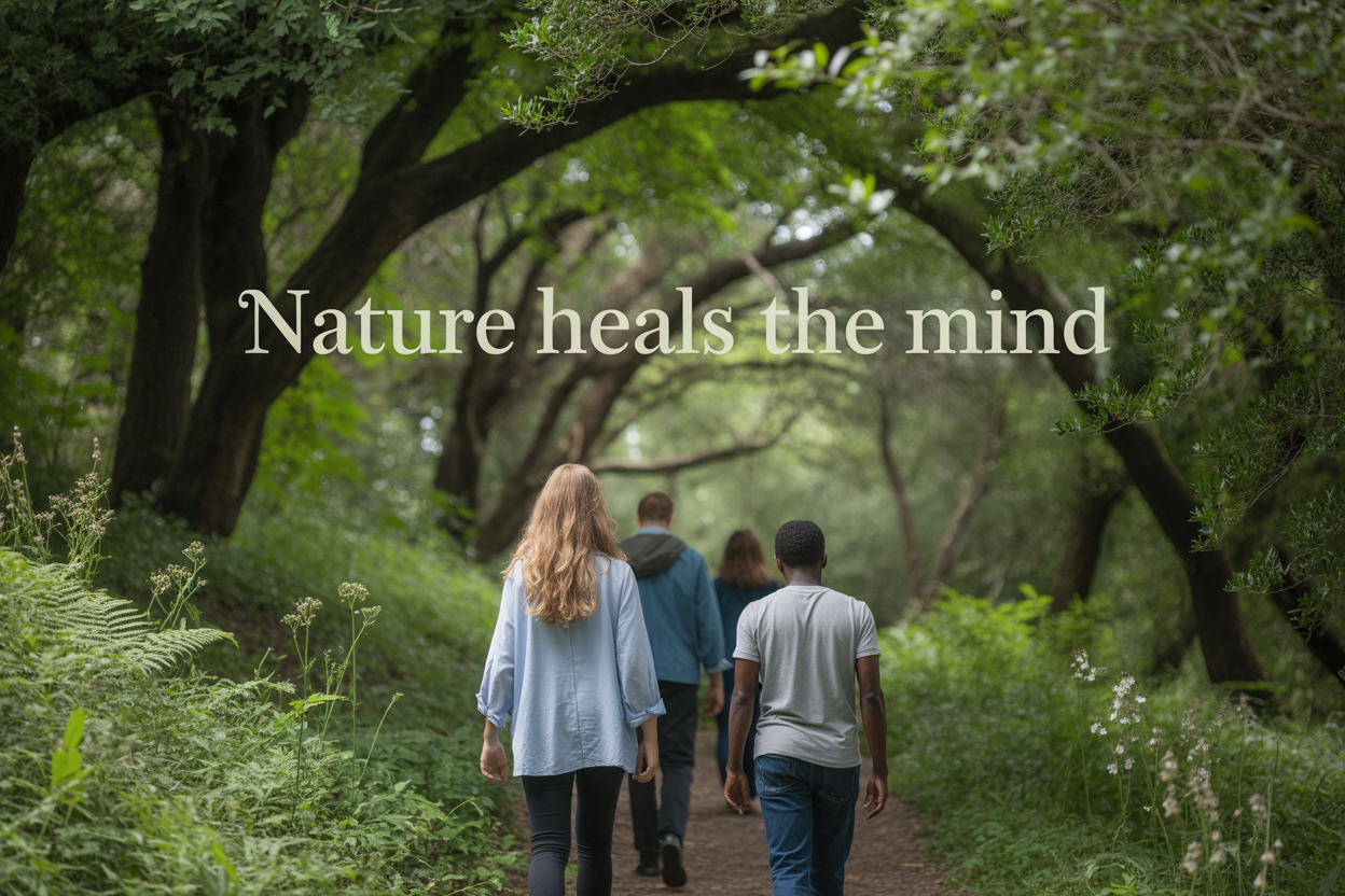 Create a realistic image of a serene forest path with dappled sunlight filtering through green tree canopy, featuring a diverse group of people including a white female and black male walking peacefully along the trail, with lush ferns and wildflowers on both sides, soft natural lighting creating a calm and rejuvenating atmosphere, and elegant text overlay reading "Nature Heals the Mind" in clean, modern font positioned in the upper portion of the image.