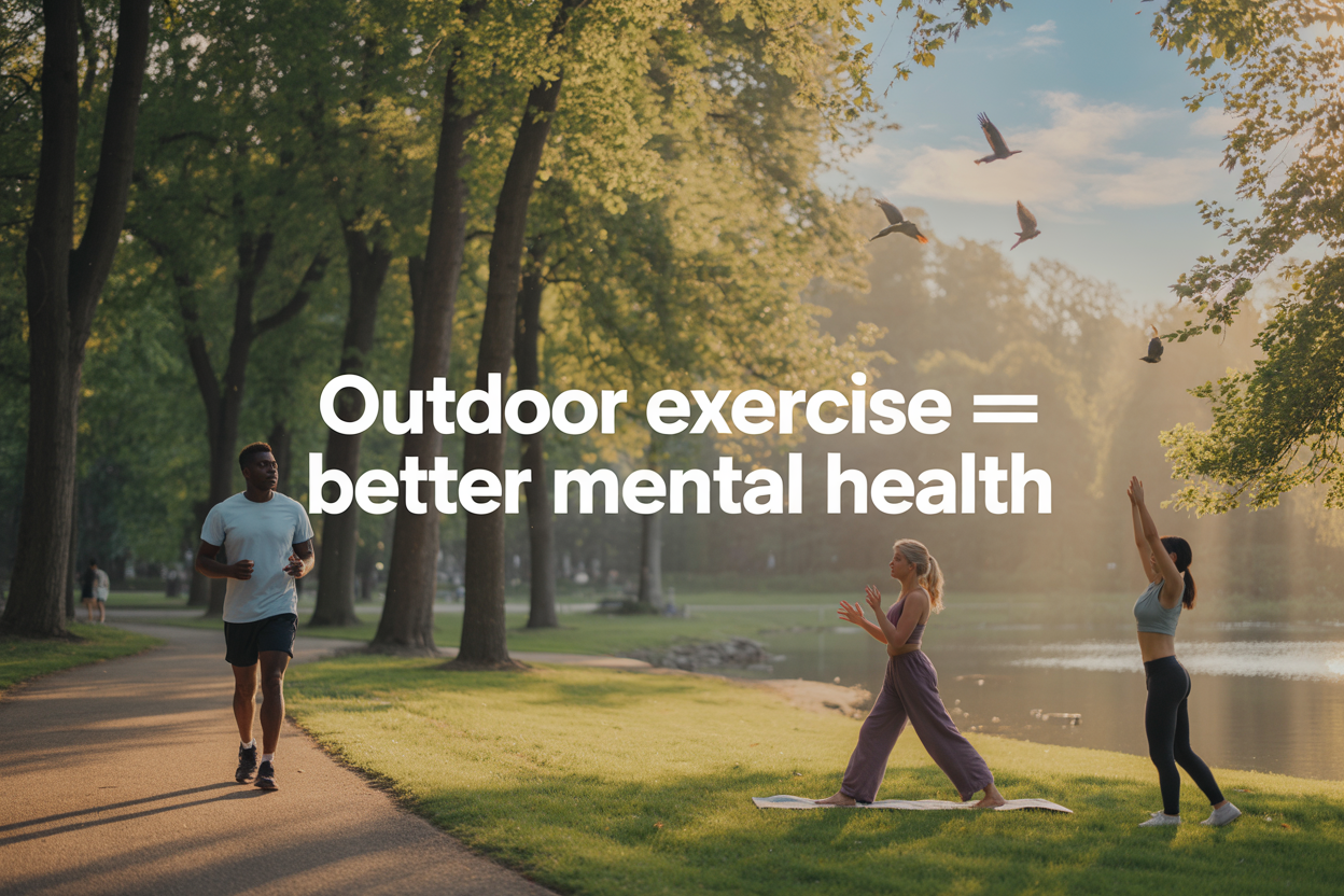 Create a realistic image of a diverse group of people exercising outdoors in a lush green park setting, featuring a white female doing yoga poses, a black male jogging on a tree-lined path, and an Asian female stretching near a lake, with golden hour sunlight filtering through tall trees creating a warm and peaceful atmosphere, birds flying in the clear blue sky, with the text "Outdoor Exercise = Better Mental Health" displayed prominently in clean, modern white font in the upper portion of the image.