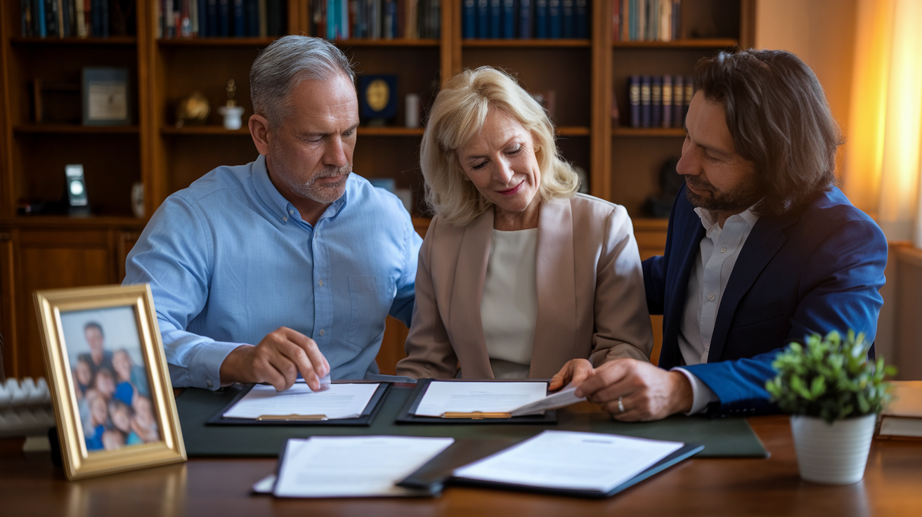 Create a realistic image of a middle-aged white male and female couple sitting at a desk with an estate planning lawyer, reviewing documents spread out on the desk. The scene is set in a professional office with bookshelves in the background. Warm lighting illuminates the desk, creating a serious yet comforting atmosphere. A framed family photo and a small plant are visible on the desk, symbolizing family protection and growth.