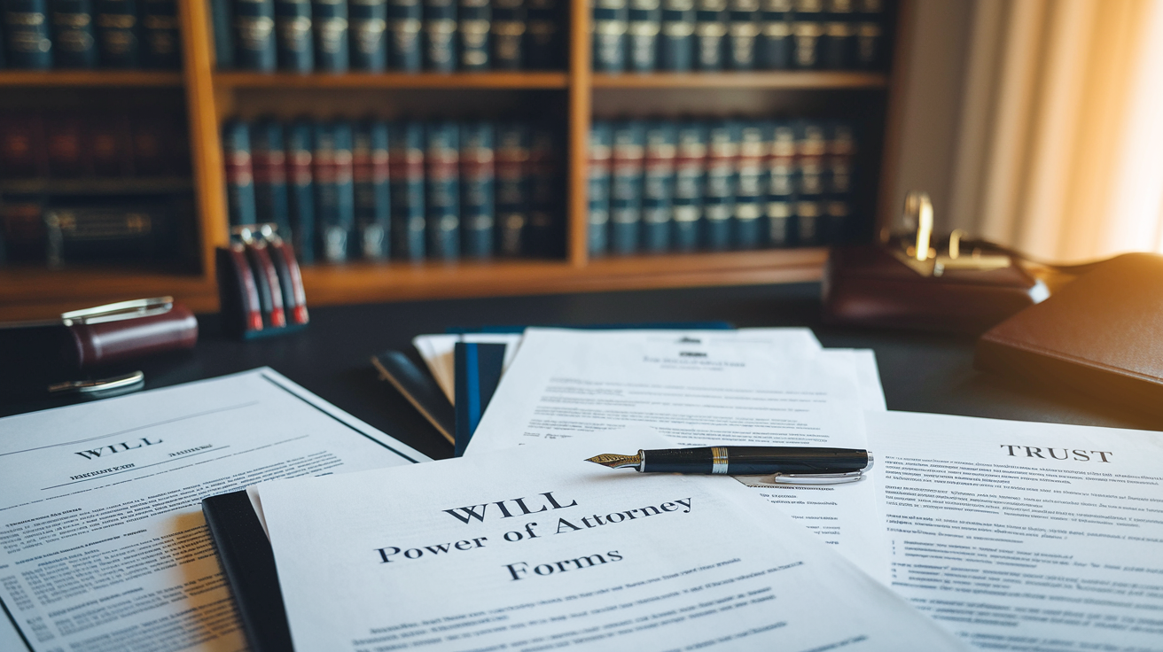 Create a realistic image of a neat, organized desk with various legal documents spread out, including a will, power of attorney forms, and trust documents. A silver fountain pen rests on top of the papers. In the background, a wooden bookshelf filled with law books is visible. Soft, warm lighting illuminates the scene, creating a professional and reassuring atmosphere.