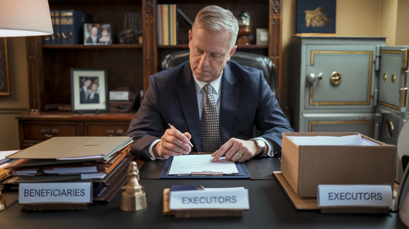 Create a realistic image of a middle-aged white male in a suit sitting at a desk, reviewing legal documents with a pen in hand. On the desk are several folders labeled "Beneficiaries" and "Executors". In the background, a family photo and a safe are visible. The lighting is warm and professional, creating a serious yet comforting atmosphere in the office setting.