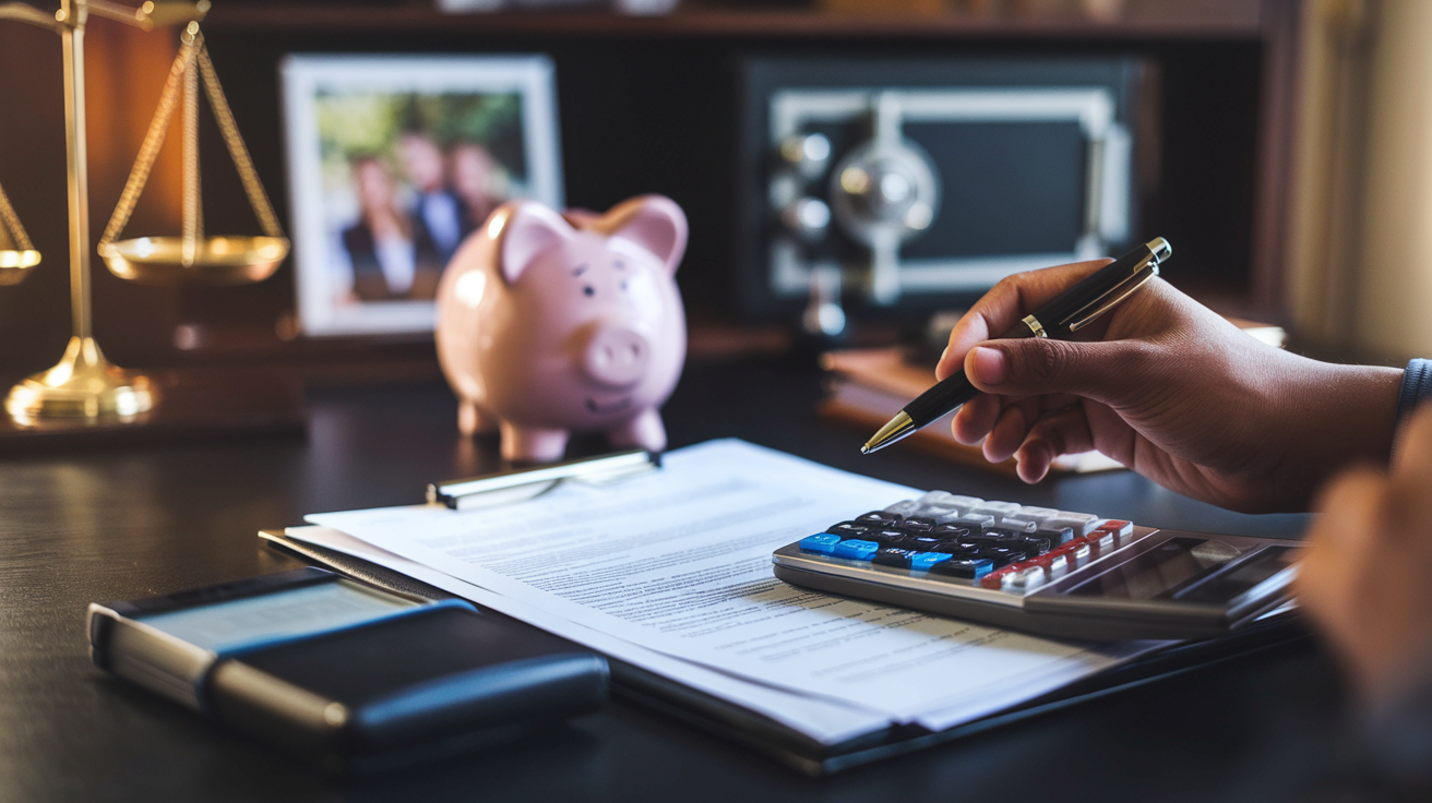 Create a realistic image of a desk with legal documents, a calculator, and a piggy bank, symbolizing asset protection strategies. A hand holding a pen hovers over the papers, suggesting careful planning. In the background, a blurred family photo and a small safe add context to the scene. Warm, professional lighting illuminates the desktop, creating a sense of security and thoughtful financial management.