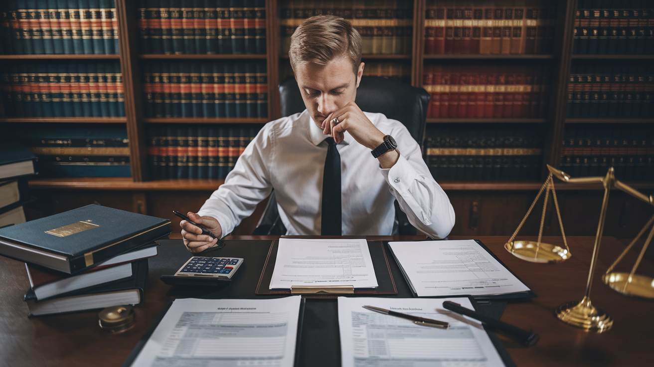 Create a realistic image of a white male lawyer sitting at a desk with tax forms, legal documents, and an estate planning folder spread out before him. A calculator, pen, and magnifying glass are visible. The background shows bookshelves filled with law books. The lighting is warm and professional, creating a serious and focused atmosphere.