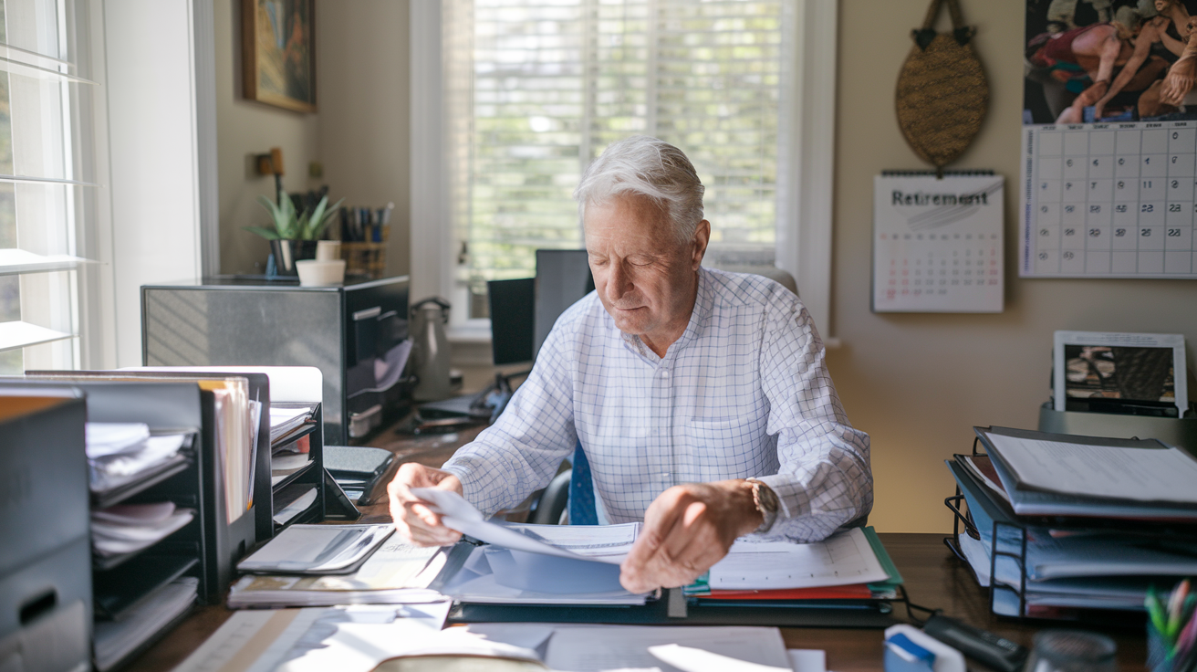 Create a realistic image of a white male senior citizen in his late 60s sitting at a desk in a home office, sorting through various documents and papers. The desk is neatly organized with file folders, a laptop, and a magnifying glass. Natural light streams through a nearby window, illuminating the scene. A calendar on the wall shows retirement-related activities. The man's expression is focused and content as he examines an important-looking document.