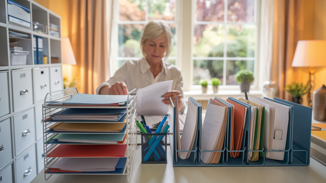 Create a realistic image of a neat home office with a well-organized filing cabinet, color-coded folders, and a desktop organizer filled with pens and paperclips. A senior white female is seated at the desk, placing a document into a labeled folder. The room has warm lighting and a window with a peaceful garden view, conveying a sense of order and tranquility.