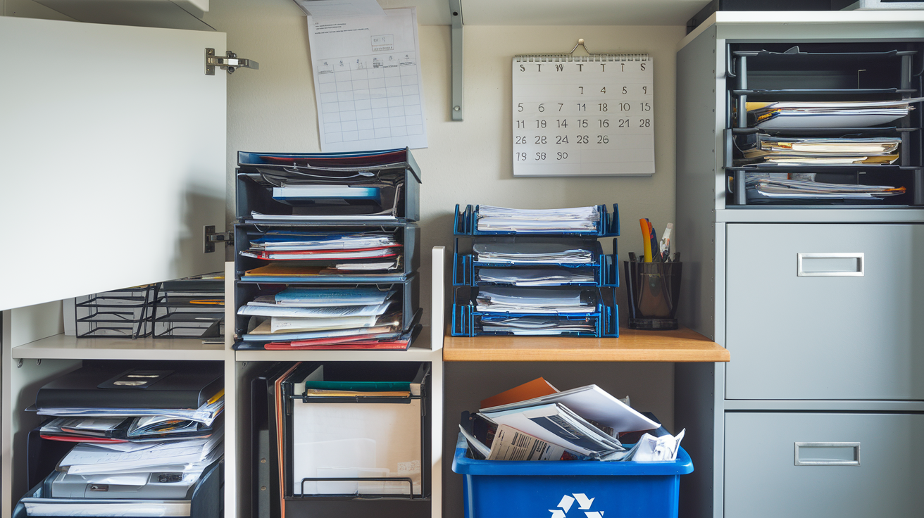 Create a realistic image of a neatly organized home office with a clean desk, open filing cabinet, and shredder, showing a stack of sorted papers and folders, a calendar marked with important dates, and a recycling bin filled with discarded documents, emphasizing a sense of decluttered simplicity and efficiency.
