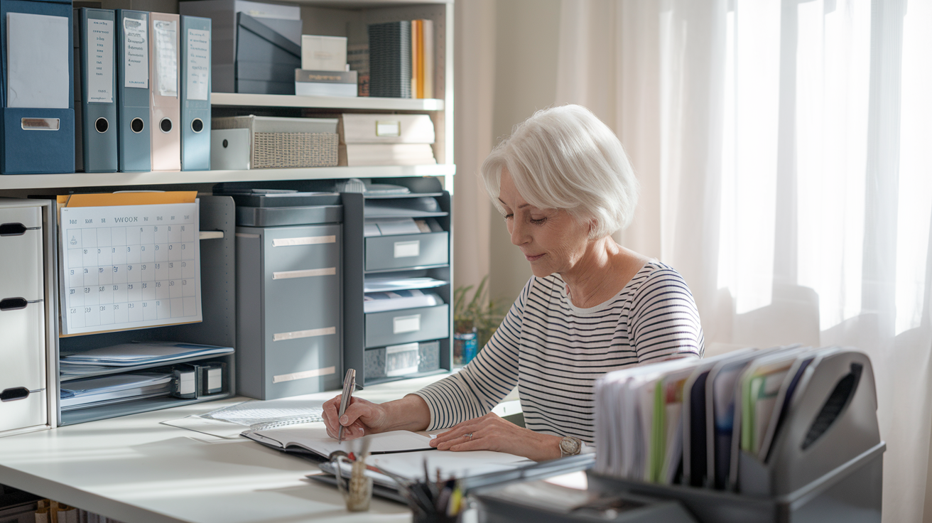 Create a realistic image of an organized home office desk with a calendar, labeled folders, and a shredder, showcasing a neat filing system. A senior white female is seated at the desk, writing in a planner. Soft natural light streams through a nearby window, creating a peaceful atmosphere.