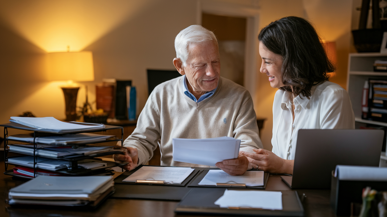 Create a realistic image of an elderly white male sitting at a desk with a trusted middle-aged white female advisor, reviewing important documents together. The desk is neat with organized stacks of papers, folders, and a laptop. Warm lighting illuminates the scene, creating a comfortable and secure atmosphere in a home office setting.
