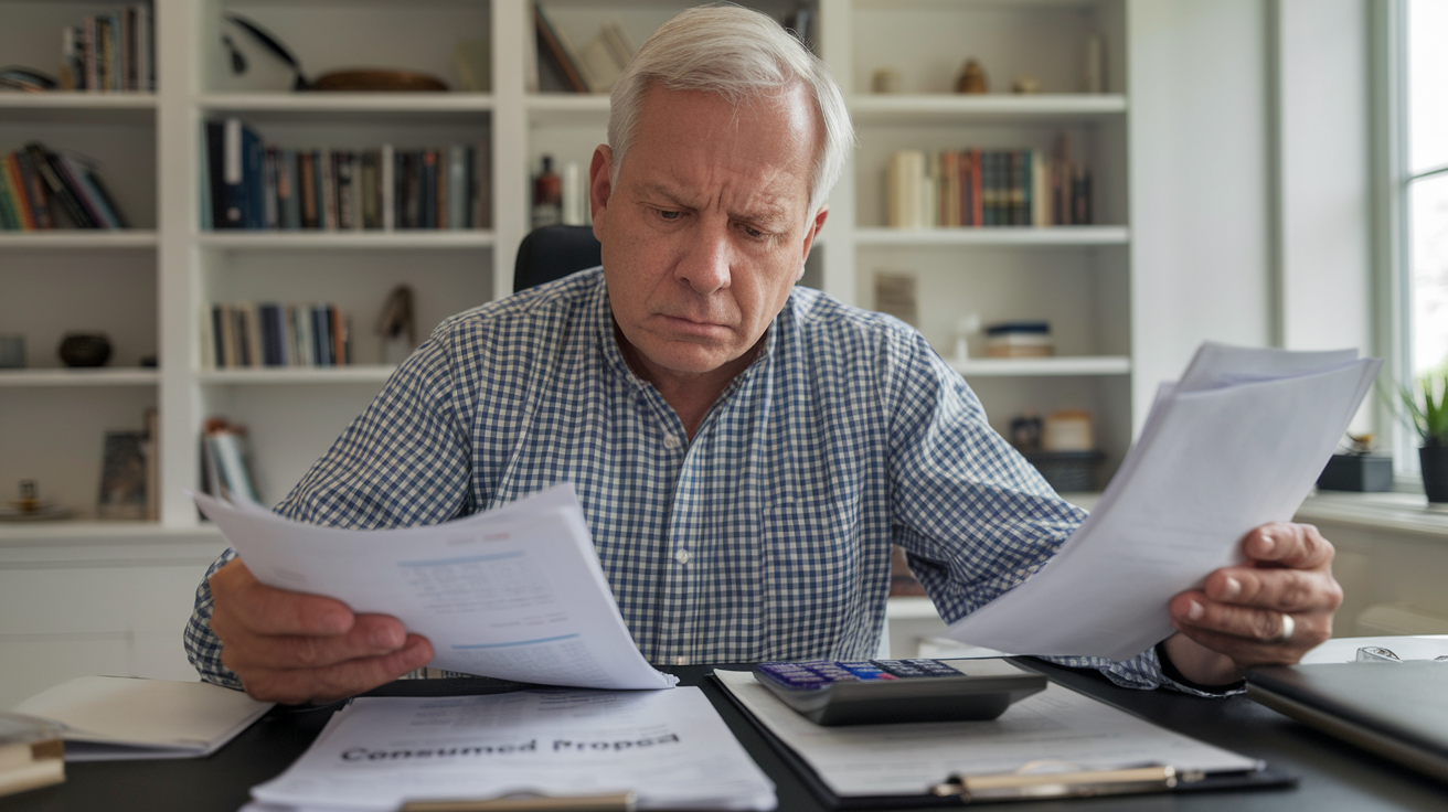 Create a realistic image of a concerned middle-aged white male sitting at a desk, reviewing financial documents and a calculator, with a thoughtful expression. A "Consumer Proposal" document is visible among the papers. The background shows a home office setting with bookshelves and a window, creating a sense of financial contemplation and decision-making.