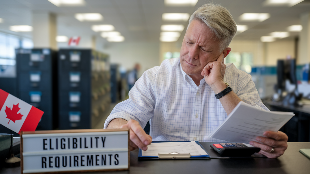 Create a realistic image of a middle-aged white male sitting at a desk, looking concerned while examining financial documents and a calculator. A sign on the desk reads "Eligibility Requirements". In the background, a blurred office setting with filing cabinets and a Canadian flag visible.